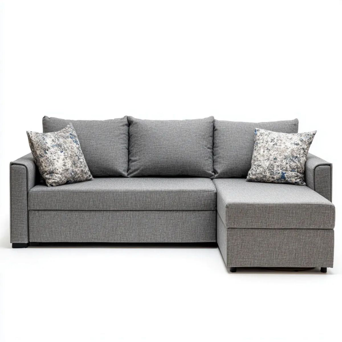 Szara sofa narożna w kształcie L z prawostronnym szezlongiem z tkaniny poliestrowej, 230 x 145 x 85 cm