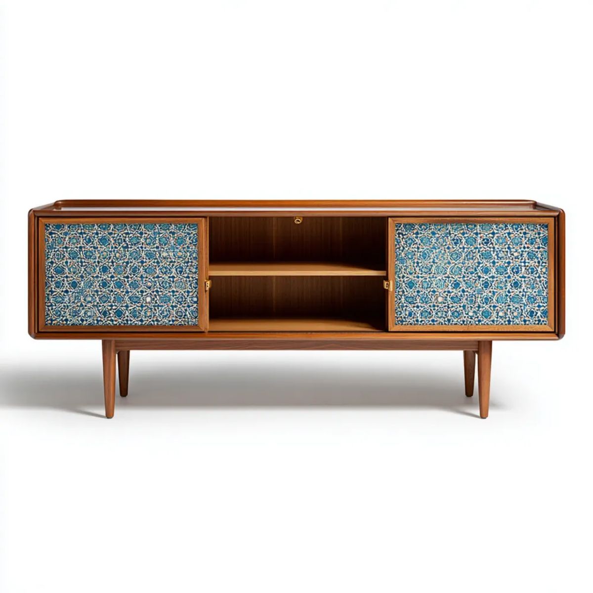 Szafka RTV z płyty MDF w kolorze orzechowym, niebieskim i białym, 180 × 40 × 75 cm